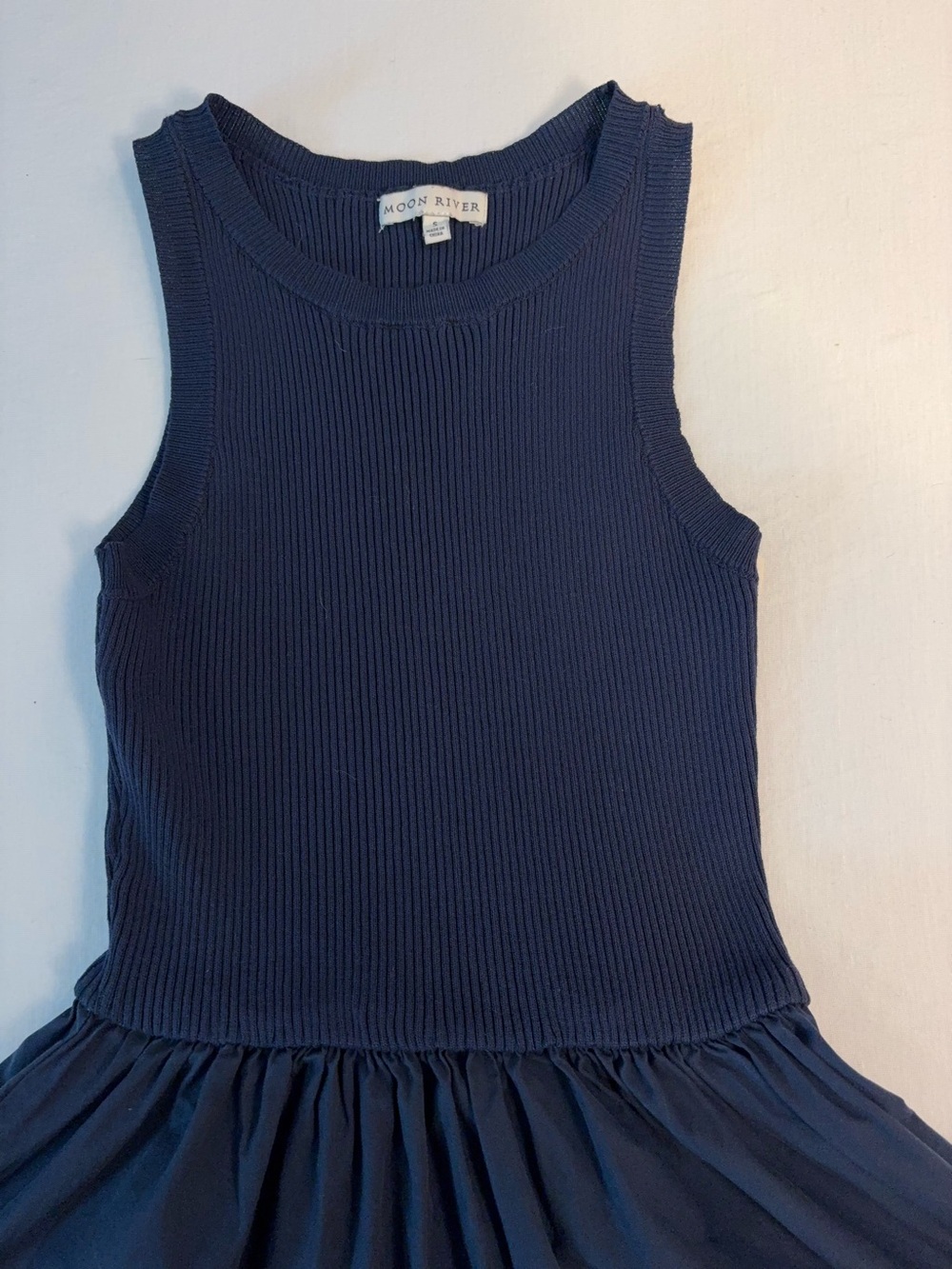 Moon River Mixed Media Knit Ribbed Tank Poplin Midi Dress Navy Blue Small S - Picture 3 of 5